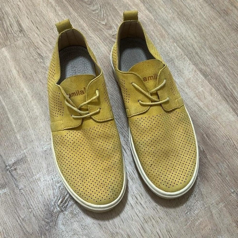 Camilas | Yellow Perforated Suede Lug Sole Oxford Platform Sneakers, EU 40 / 9.5